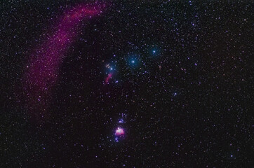 wide field of constellation of Orion with Orion Nebula, flame nebula, barnard's loop and horse head...