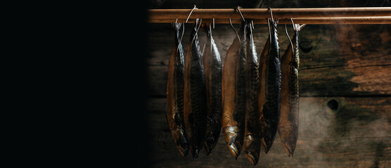 Mackerel Fish smoked in smokehouse. Smoking Process Fish. Smoking fish hanging side by side in a...