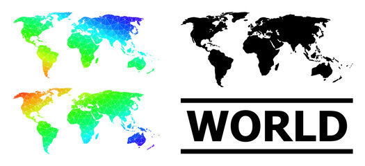 Vector low-poly rainbow colored map of world with diagonal gradient. Triangulated map of world polygonal illustration.