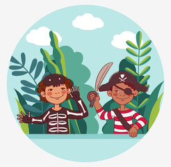 Cute kids in carnival costumes. Vector illustration