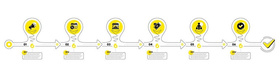 Trade Infographic timeline with 6 steps. Shopping process diagram with Discounts calendar, Shop, Payment and Shopper with purchases icons. Timeline infograph diagram. Vector