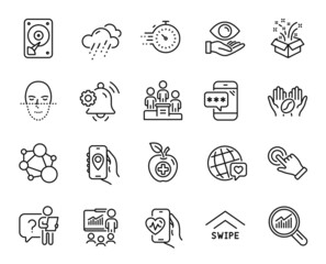 Vector set of Medical food, Phone password and Data analysis line icons set. Rainy weather, Hdd and Coffee icons. Business podium, Notification bell and Touchscreen gesture signs. Vector