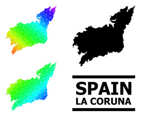 Vector low-poly spectrum colored map of La Coruna Province with diagonal gradient. Triangulated map of La Coruna Province polygonal illustration.