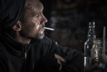 Homeless Men with Cigarette and Bottle of Vodka