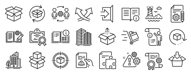 Fototapeta na wymiar Set of Industrial icons, such as Construction document, Open box, Engineering team icons. Lighthouse, Skyscraper buildings, Technical documentation signs. Parcel tracking, Buildings, Exit. Vector