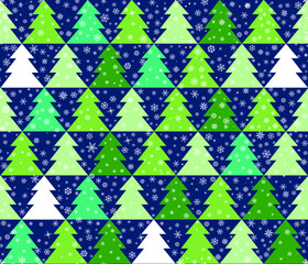 Winter snow seamless pattern. Christmas holiday snowflakes and New Year Tree decorative background. Winter holiday backdrop.