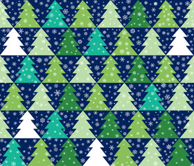 Winter snow seamless pattern. Christmas holiday snowflakes and New Year Tree decorative background. Winter holiday backdrop.