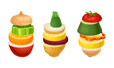 Set of sliced fruit and vegetables. Cucumber, pineapple, tomato, pepper, lemon, beetroot, carrot round slices in stack vector illustration