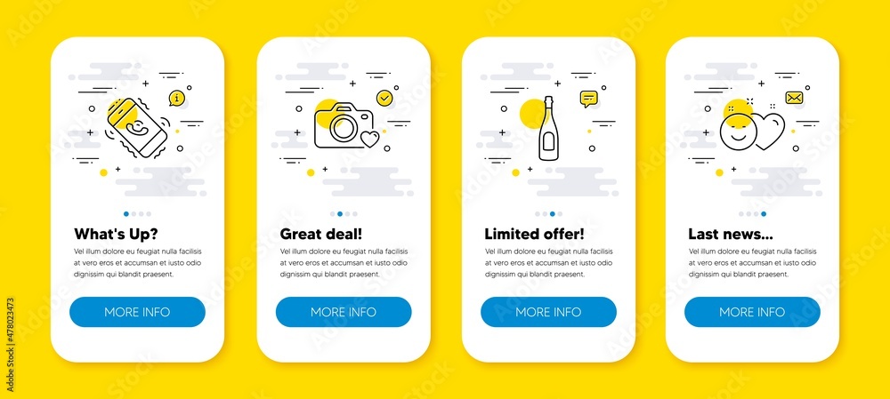 Poster vector set of call center, champagne and photo camera line icons set. ui phone app screens with line
