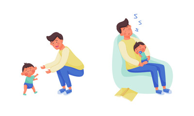Daddy caring for his little son set. Baby taking first steps to her father. Parent and son sleeping together in armchair vector illustration