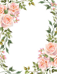 Watercolor floral frame. Bouquet of roses, spring blossom. Vertical  border: blush roses, buds, green leaves, white background. Perfect  for wedding invitation, poster, greeting card, blog decoration