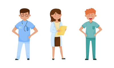Obraz premium Smiling Man and Woman Doctor with Stethoscope Wearing Medical Uniform Vector Set