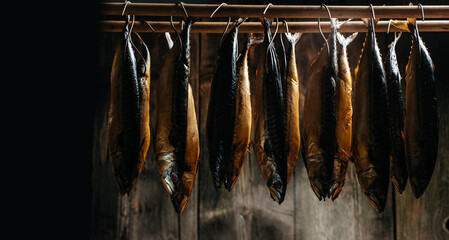 golden smoked fish. Process For Home Use. fish hanging side by side in a smoker. Smoked Mackerel....