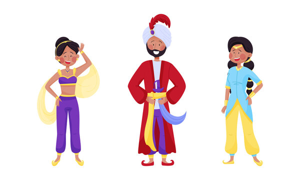 Arabian Fairy Tale Character with Arab Man and Woman Dressed in Fancy Apparel Vector Set
