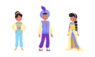 Arabian Fairy Tale Character with Arab Man and Woman Dressed in Fancy Apparel Vector Set