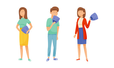 Obraz premium Young Man and Woman Holding Emotion Mask Hiding Personality or Individuality Vector Set