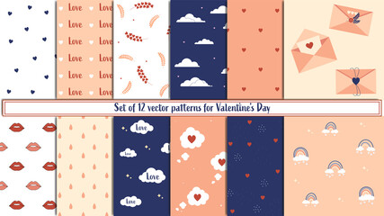 Obraz premium Set of vector patterns for valentine's day, Valentine's Day, February 14, minimalistic, holiday cards, messages of love, set of patterns with hearts