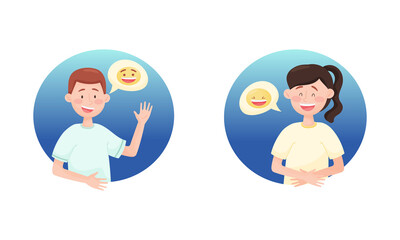 Young Man and Woman Happily Smiling and Laughing Depicting Emoticon in Blue Circle Vector Set