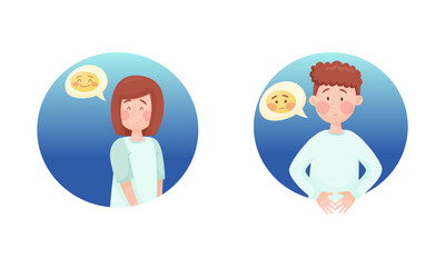 Young Man and Woman Confused and Smiling Depicting Emoticon in Blue Circle Vector Set
