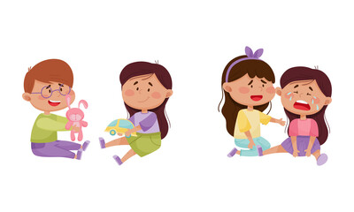 Fototapeta premium Friendly Little Kids Cheering Up Agemate and Sharing Toys Vector Set