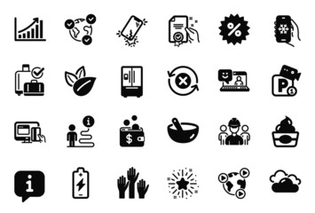 Vector Set of Business icons related to Graph chart, Voting hands and Engineering team icons. Online voting, Refrigerator and Air conditioning signs. Baggage reclaim, Smartphone broken. Vector