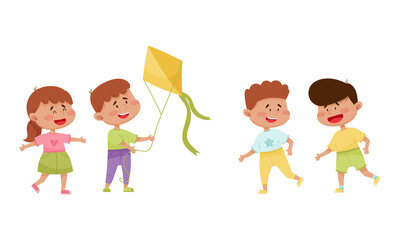 Friendly Little Kids Flying Kite and Running Vector Set