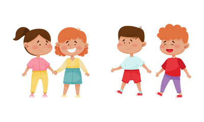 Friendly Little Kids Holding Hands and Walking Vector Set