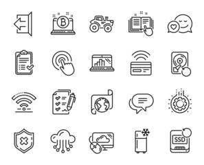 Vector set of Translation service, Technical documentation and Recovery ssd line icons set. Tractor, Cloud storage and Cloud computing icons. Gear, Sign out and Text message signs. Vector