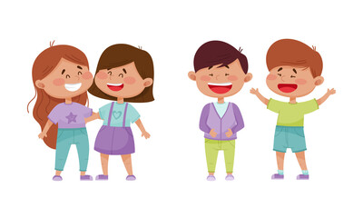 Friendly Little Kids Embracing and Laughing Out Loud Vector Set