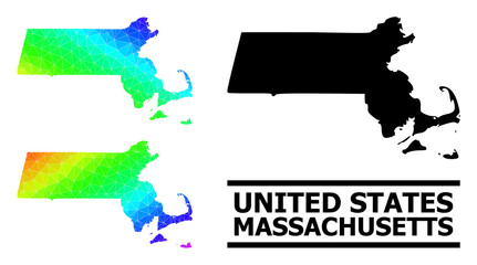 Vector lowpoly spectrum colored map of Massachusetts State with diagonal gradient. Triangulated map of Massachusetts State polygonal illustration.