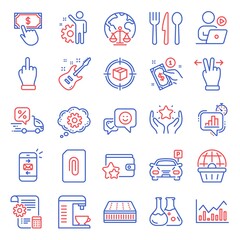 Business icons set. Included icon as Payment click, Parking, Cogwheel signs. Magistrates court, Coffee machine, Delivery discount symbols. Parcel tracking, Electric guitar, Payment method. Vector
