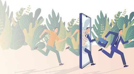 A man runs into a smartphone in casual clothes and runs out in a business suit. Business activity