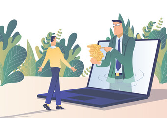 Businessman holding coins and advising his colleague from his laptop screen. Business consulting