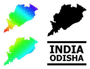 Obraz premium Vector low-poly spectral colored map of Odisha State with diagonal gradient. Triangulated map of Odisha State polygonal illustration.