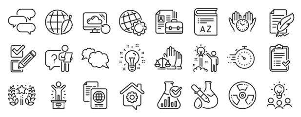Set of Education icons, such as Feather signature, Business idea, Environment day icons. Passport document, Chemical hazard, Work home signs. Idea, Vocabulary, Globe. Safe time, Checkbox. Vector