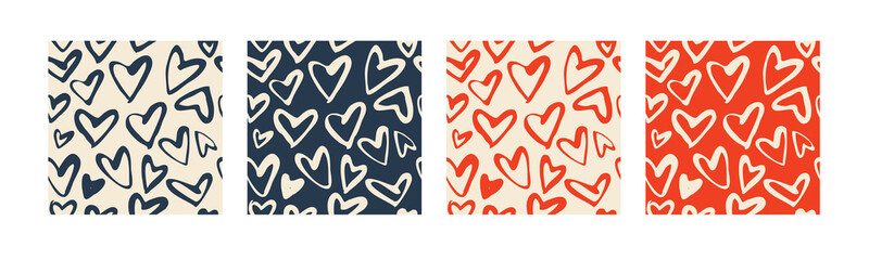Set with 4 seamless patterns in red and blue colors. Vector backgrounds with hearts. Great for fabric, baby, Valentine's Day, scrapbook, surface textures.