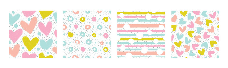 Set of seamless patterns in pastel colors with hearts, polka dots and stripes.