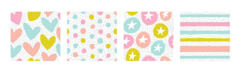 Set of vector patterns in pastel colors. 4 backgrounds with hearts, stripes, polka dots and stars. - obrazy, fototapety, plakaty