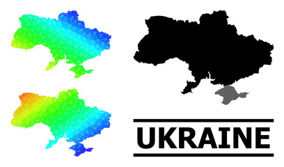 Vector low-poly rainbow colored map of Ukraine with diagonal gradient. Triangulated map of Ukraine polygonal illustration.