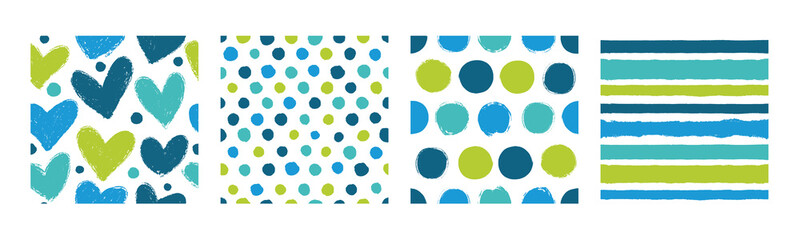 Set with 4 seamless patterns. Vector backgrounds with hearts, stripes and polka dots. Great for fabric, baby, Valentine's Day, scrapbook, surface textures.