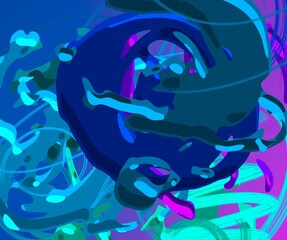Obraz na płótnie Canvas Cartoon water liquid particles droplets. Abatract painting. 2d illustration. Frozen motion small particle molecules.