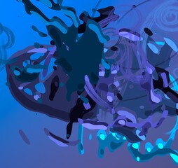Cartoon water liquid particles droplets. Abatract painting. 2d illustration. Frozen motion small particle molecules. © Jakub