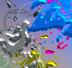 Naklejka na ściany i meble Cartoon water liquid particles droplets. Abatract painting. 2d illustration. Frozen motion small particle molecules.