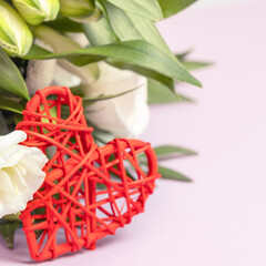 Red heart and flowers. Valentines day concept. Text space