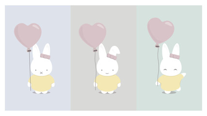 Conejo feliz con globo de corazón color pastel - obrazy, fototapety, plakaty