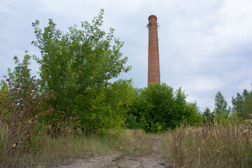 Brick chimney of an abandoned brick factory and an overgrown road in the countryside in Russia on a...