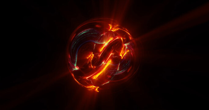 fiery explosion on black.  graphics of orange fire ball, particle energy sphere. Abstract technology, science, engineering background. 