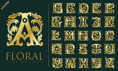 Fototapeta Set of initial letter Floral ornament monogram logo. decorative Floral initial alphabet set. Floral silver initial alphabet logo template. obraz