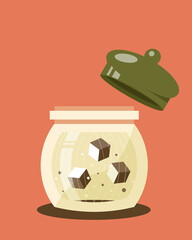 Glass sugar bowl with cane sugar cubes flat vector illustration isolated on red background
