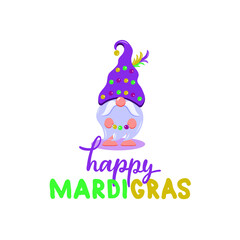 Happy Mardi Gras vector illustration with gnome and handwritten text. Cute elf drawing in flat style. Cartoon character. Design for holidays decoration, greeting cards, gift tags, t-shirt print